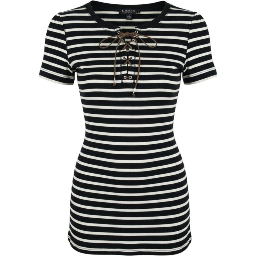 Lauren Ralph Lauren Womens Sz Medium Black White Lace Up Striped Thermal Top